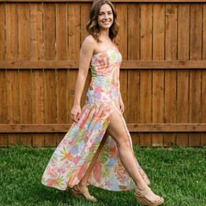 Dress Forum Los Angeles Tropical Floral Strapless Maxi Dress w/High Slit Size S